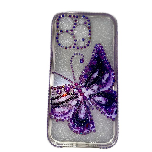 iPhone 14 Pro Rhinestone Purple Butterfly Soft Case - Picture 1 of 5